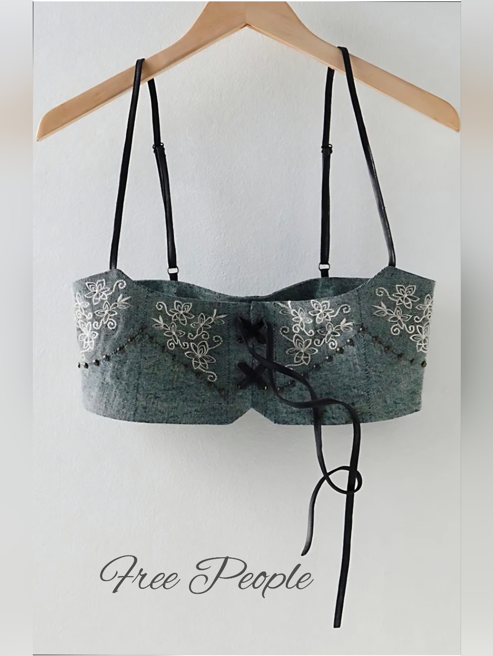 Free People Grey Embroidered Lace-Up Bralette